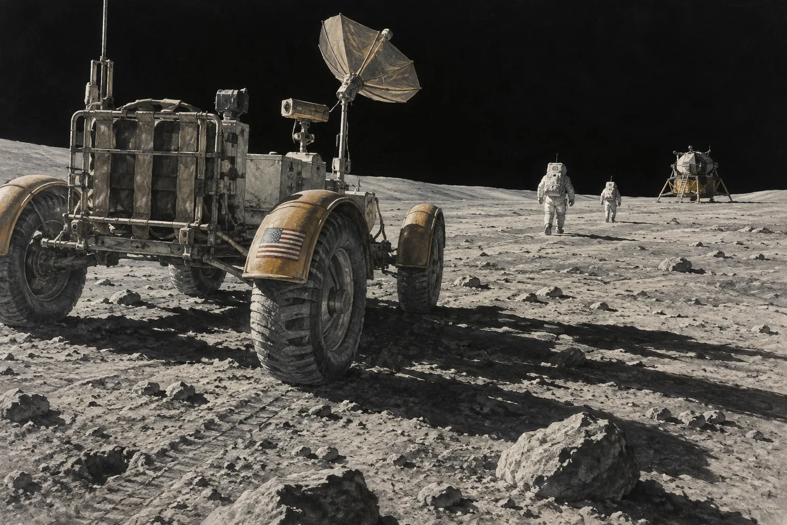 Художественная реконструкция экспедиции Apollo 15: луноход, астронавты и лунный модуль