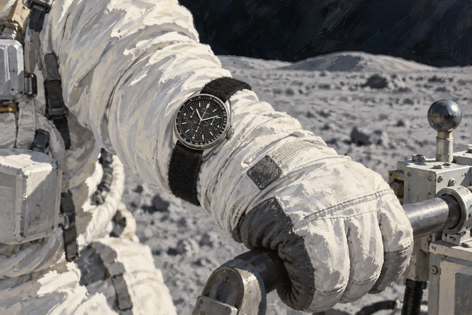 Иллюстрация: чёрный хронограф Bulova на тканевом ремешке поверх рукава скафандра