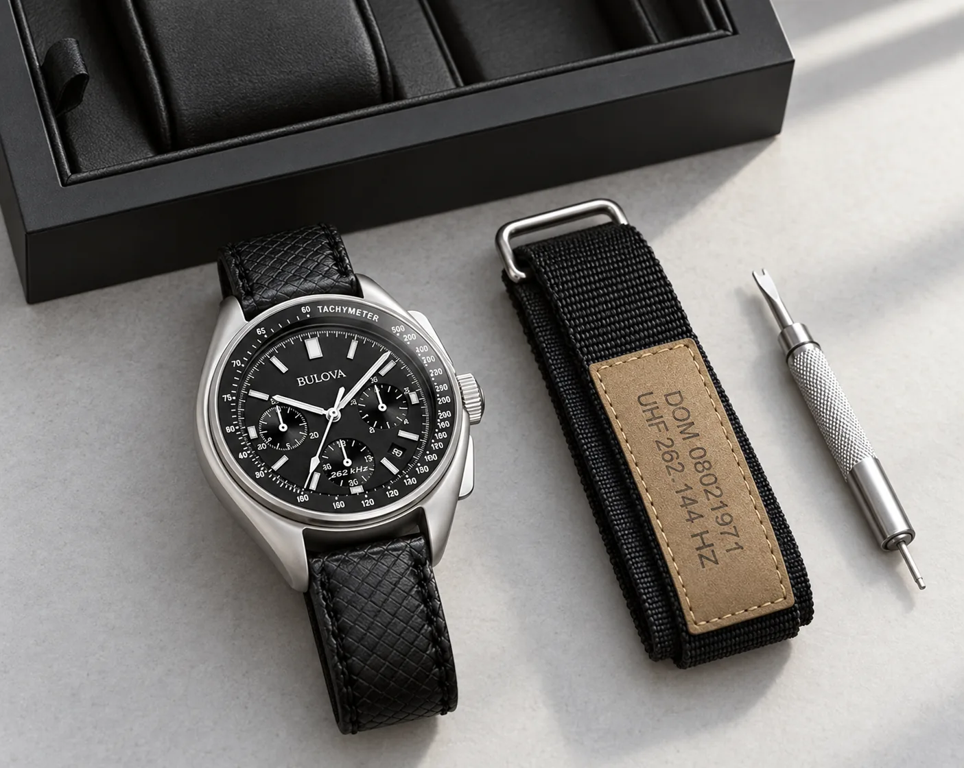 Иллюстрация комплекта Bulova Lunar Pilot 96B251: часы, сменный тканевый ремешок и инструмент