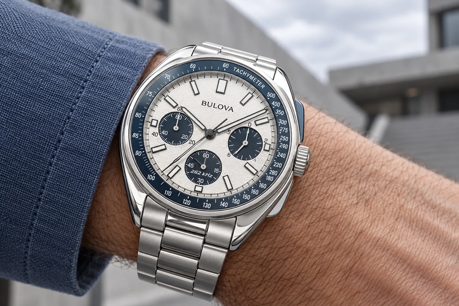 Иллюстрация: Bulova Lunar Pilot 98K112 с бело-синим циферблатом и стальным браслетом на запястье