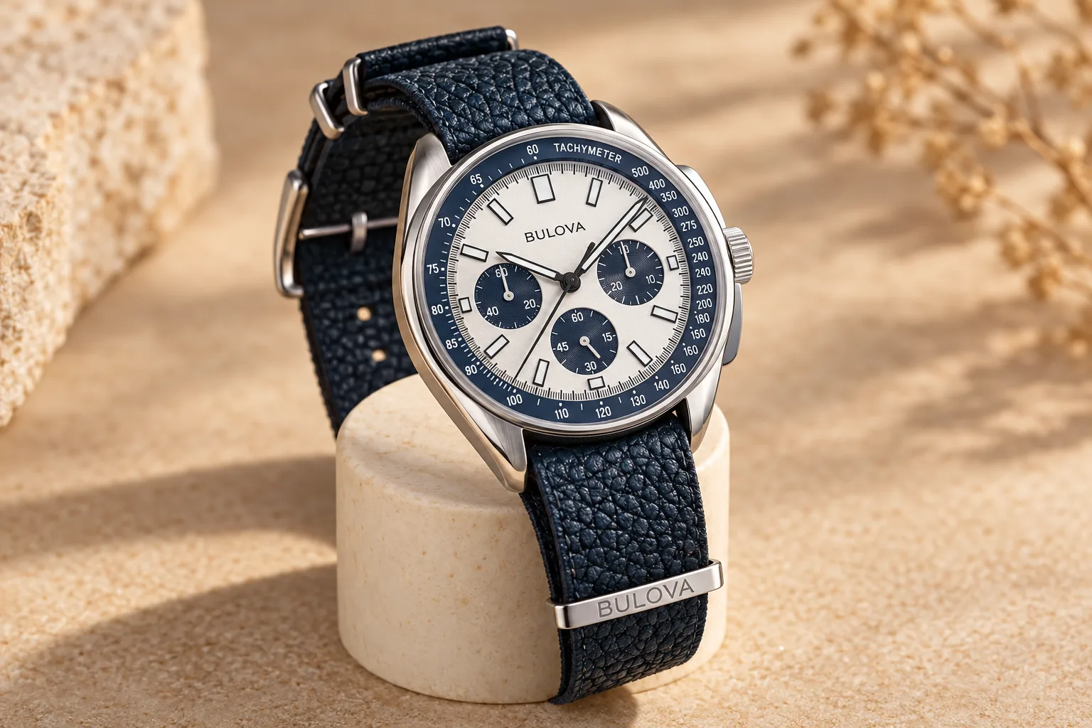 Иллюстрация: Bulova Lunar Pilot 98K112 на тёмно-синем кожаном ремешке NATO