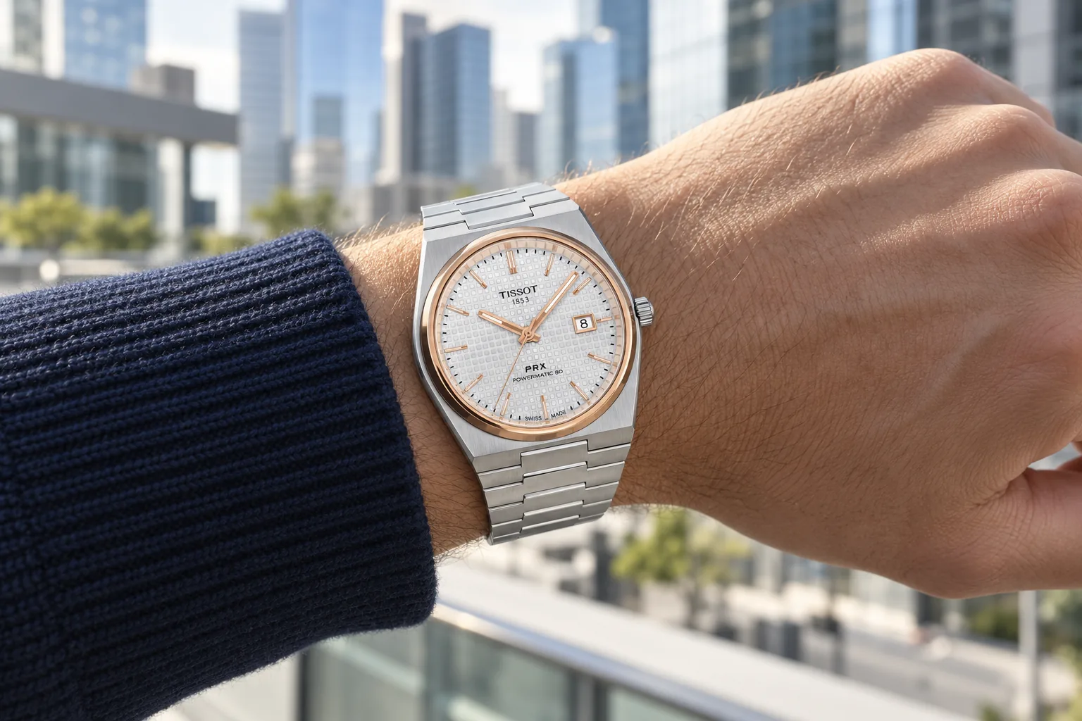 Иллюстрация: Tissot PRX Powermatic 80 40 мм с серебристым циферблатом и безелем цвета розового золота на запястье