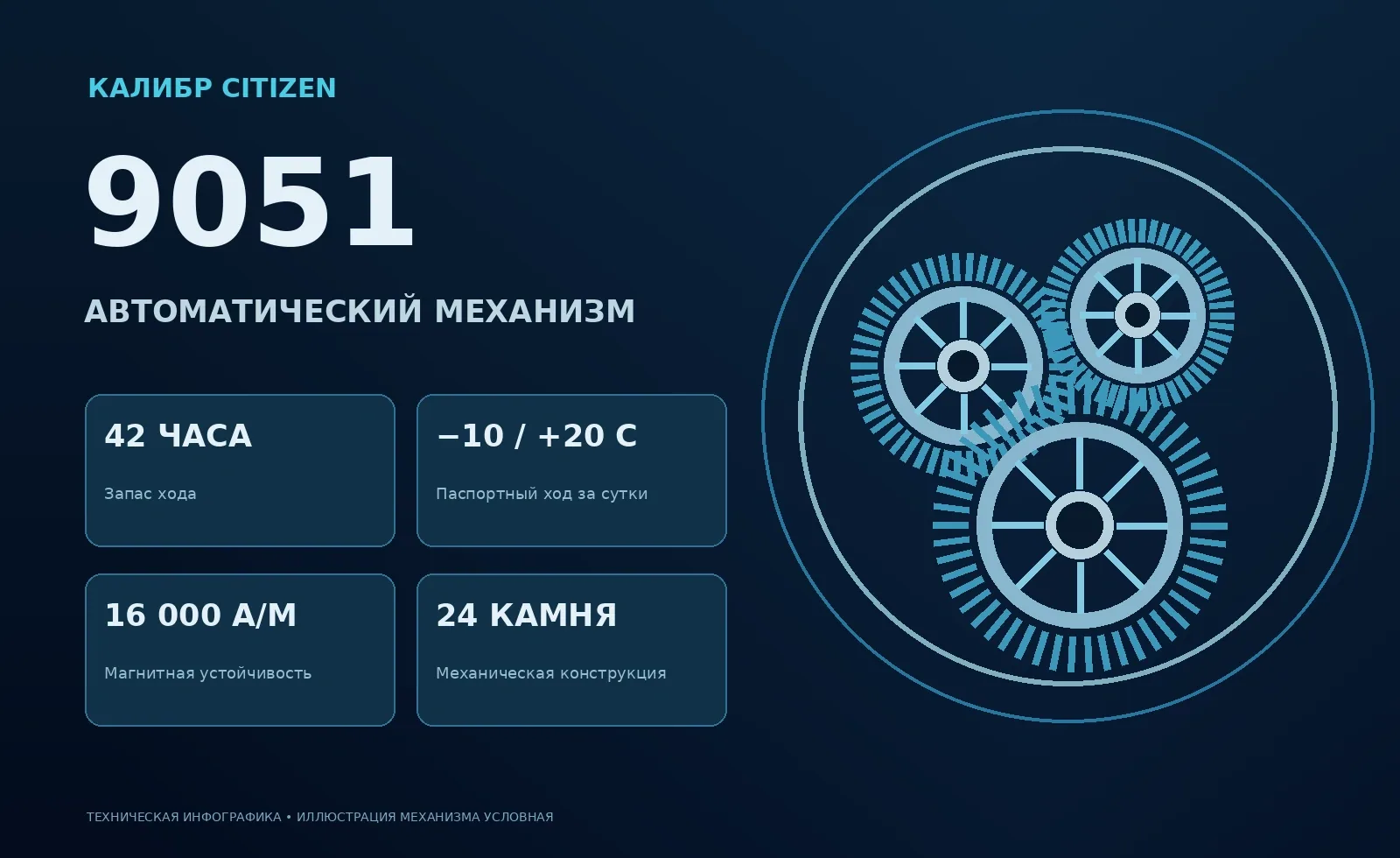 Авторская инфографика Citizen 9051: запас хода 42 часа, точность и защита от магнитных полей; механизм показан схематично